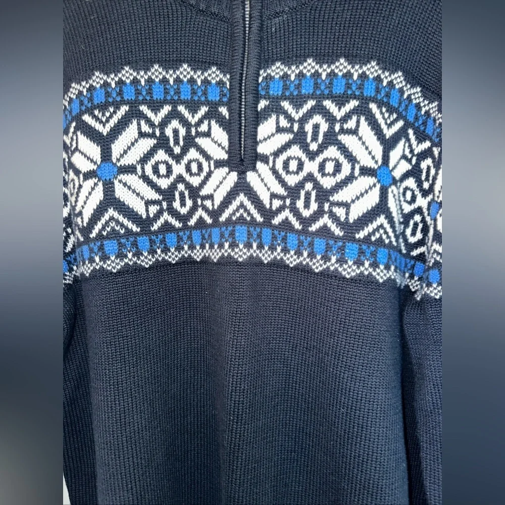 LL Bean Sweater Mens 1/4 Zip Mock Size L Large Fair Isle Nordic Print Blue AA10